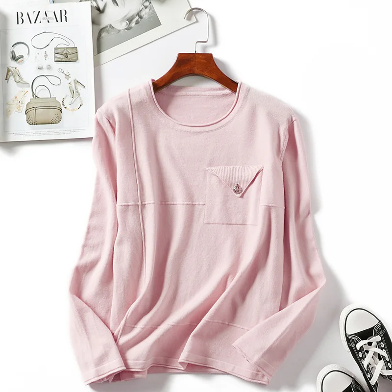 Women pullovers knitted sweater long sleeves basic o-neck tricot pocket loose warm new cashmere wool knit tops plus size | Женская