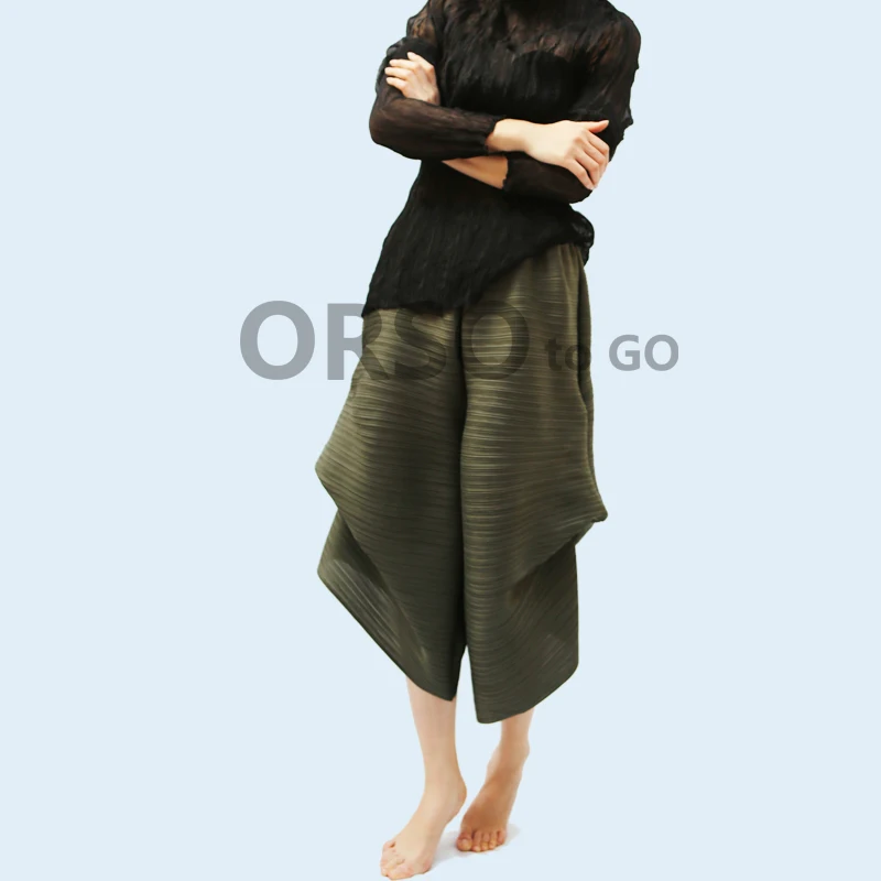 ArmyGreen Changpleat весна новые женские брюки с широкими штанинами Miyak плиссированные модные дизайнерские свободные большие размеры однотонные женский с эластичной талией брюки Tide - Цвет: ArmyGreen