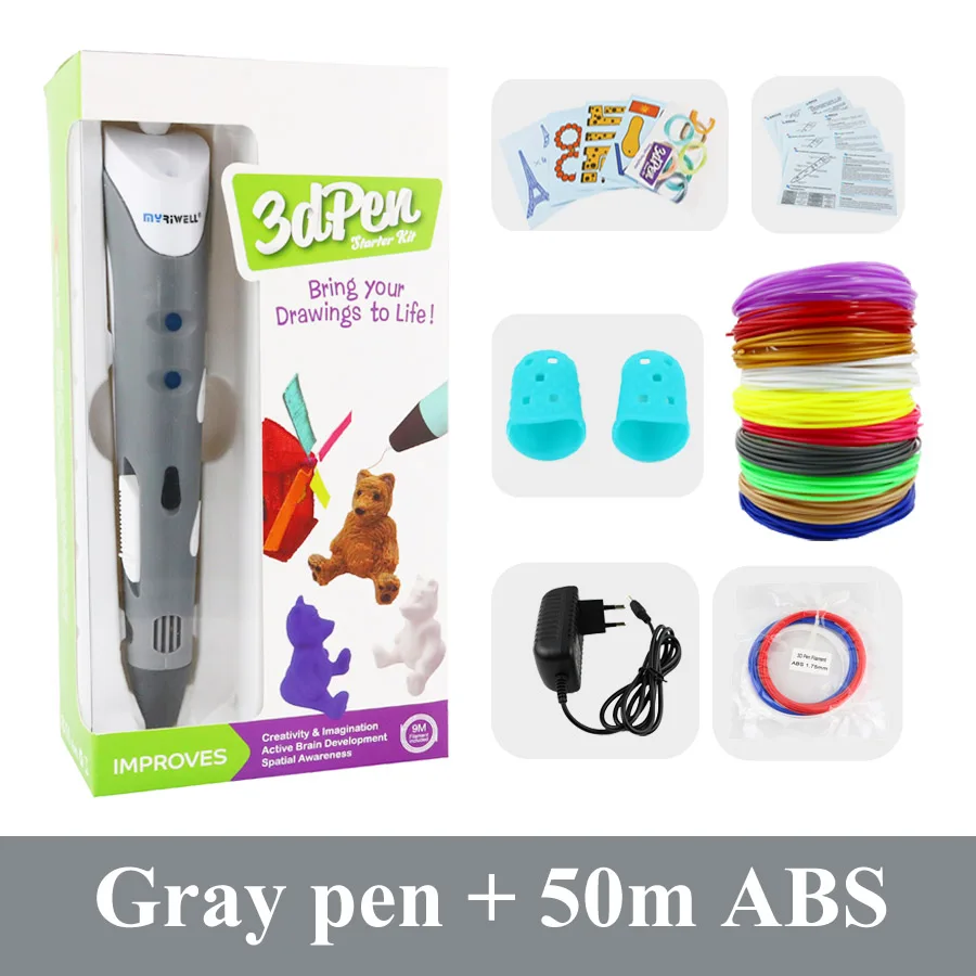 Gray with 50m ABS Myriwell 3D Ручка 25 м или 50 м или 100 м 1,75 мм ABS нить оригинальная DIY 3D ручка для печати 3D ручки для детей подарок 3D Ручка для рисования - Цвет: Gray with 50m ABS