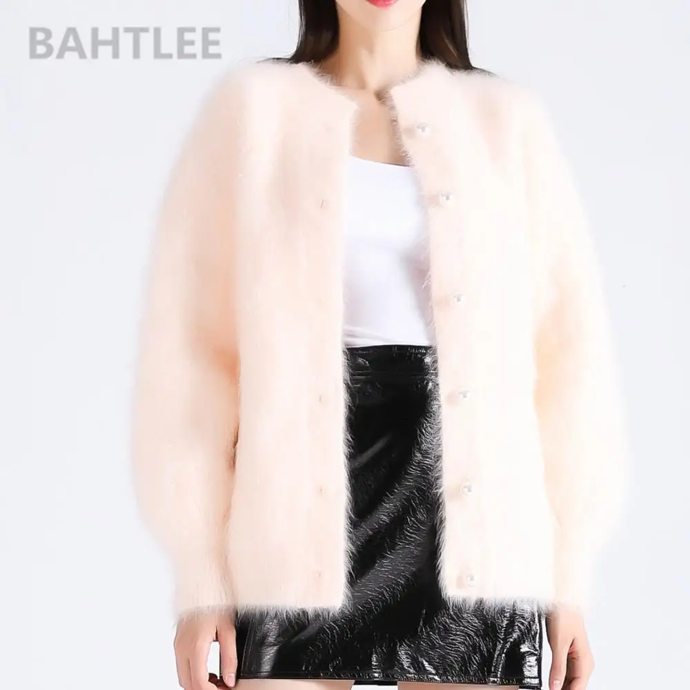 pink BAHTLEE зимняя женская обувь из ангоры, кардиганы, свитера, шерстяной вязаный норковый кашемировый свитер с О-образным вырезом с жемчугом и карманами на пуговицах; плотная и теплая одежда - Цвет: pink