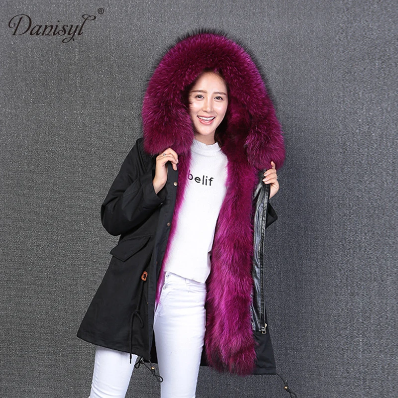 2017 Роскошные Для женщин зима большой реальный енот меховой воротник с капюшоном