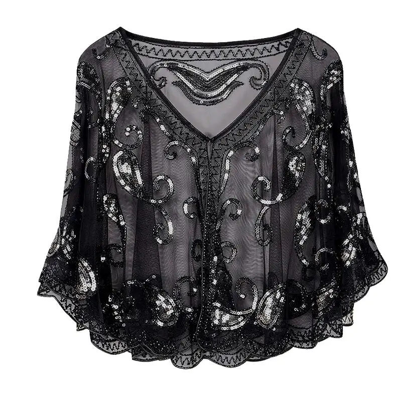 Black JaneVini Blingbling расшитый блестками женский плащ вышитая бисером Свадебная кофта Болеро шаль черные Серебряные Блестки вечерние свадебные куртки палантин - Цвет: Black