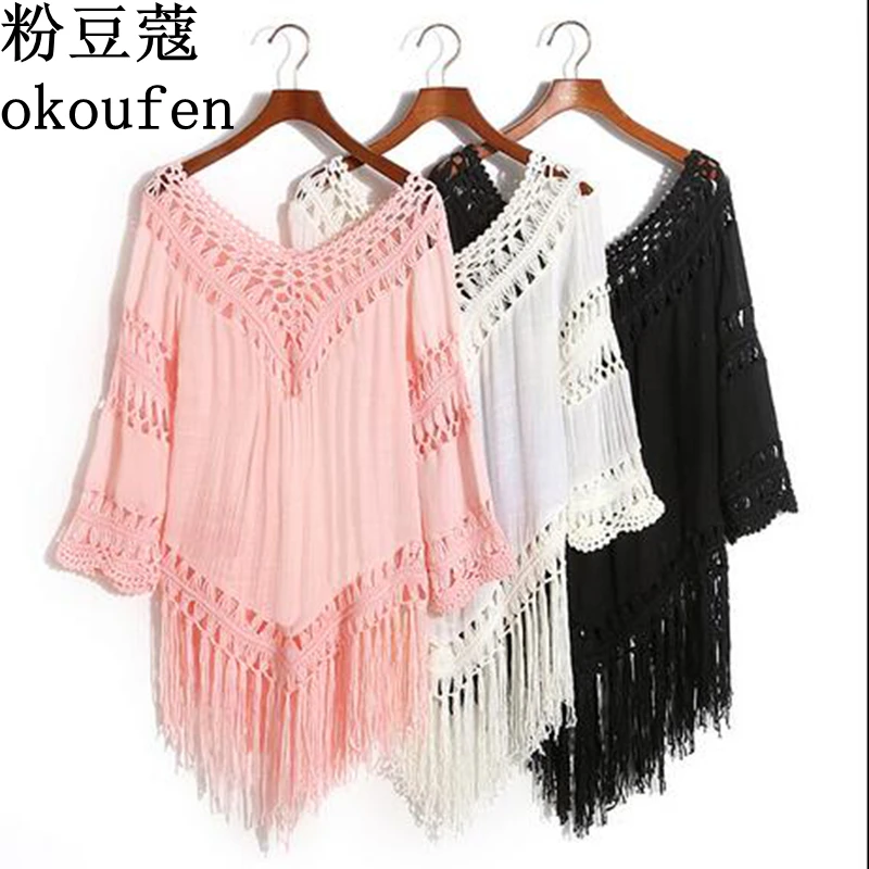 Длинный свободный свитер с бахромой v-образным вырезом пуловер блузка тонкая