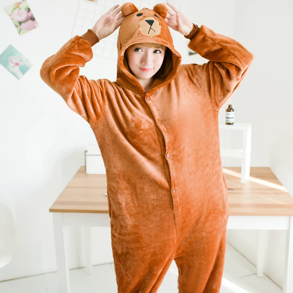 Brown bear Pajamas Sets Winter Autumn Sleepwear Unisex Adult Flannel Hooded Cartoon Animal Onesie For Women Men Girls | Женская одежда