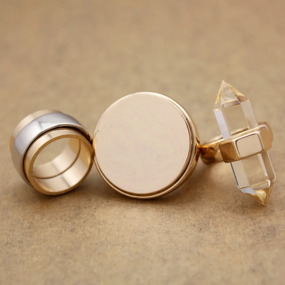 Pack of 3 Gold Clear Quartz Spike Bali Braided Stone Disc Stainless Steel Flat Stack Band Chunky Finger Ring Jewelry | Украшения и