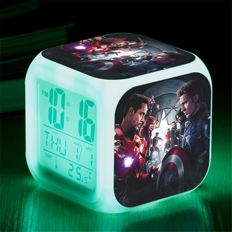 Marvel Мстители Человек-паук изменение цвета светодиодный Будильник фигурка Капитан Америка Железный человек цифровой Куб декор Освещение игрушки