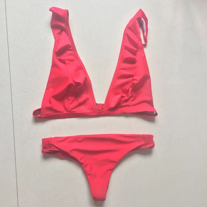 Однотонное красное бикини 2017 дюйма женский стиль пуш ап бразильские стринги