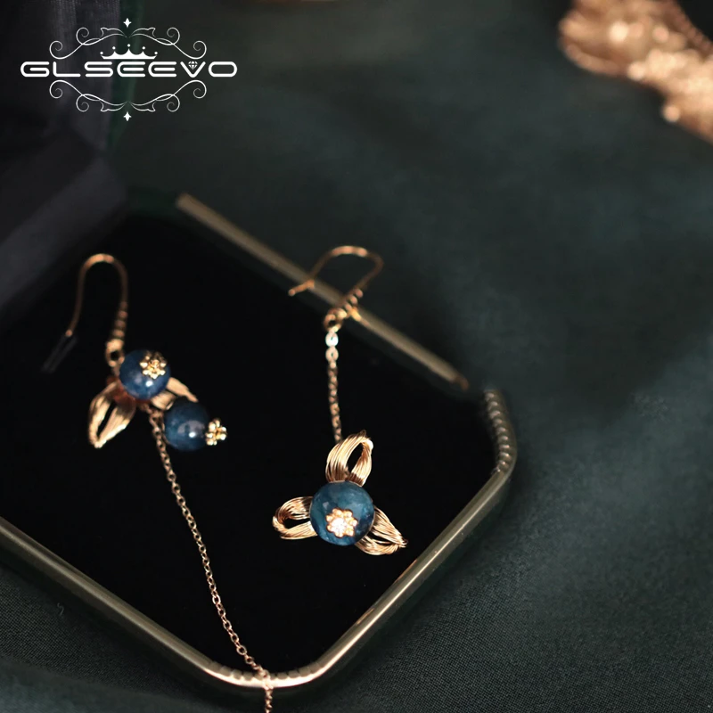 Серьги подвески GLSEEVO из натурального кианита для женщин подарок на день рождения