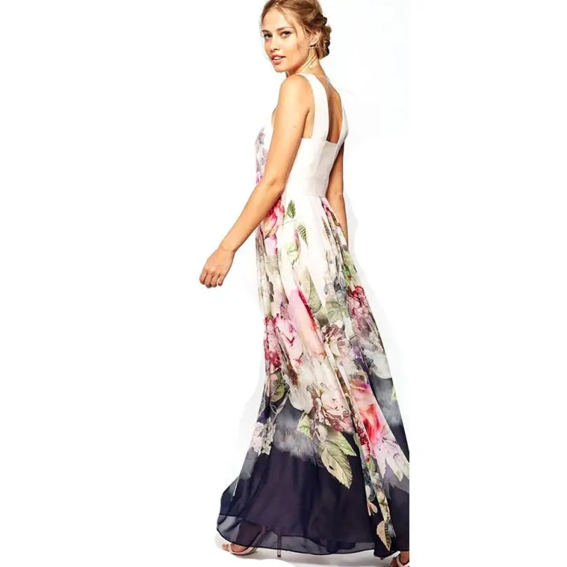 Летние Для женщин Повседневное Fit And Flare Floral платье без рукавов с принтом Длинные