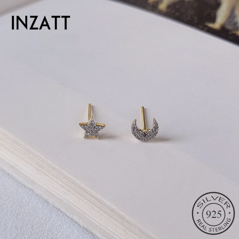 

INZATT Real 925 Sterling Silver Full Zircon Moon And Star Stud Earrings For Fashion Women Party OL Fine Jewelry Accessories Gift