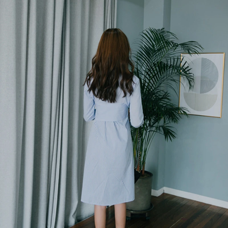 RUGOD Casual Blue Tunic Striped Shirt Dress Women Turn-down Collar Long Sleeve Belted 2018 Autumn Dresses Vestidos | Женская одежда
