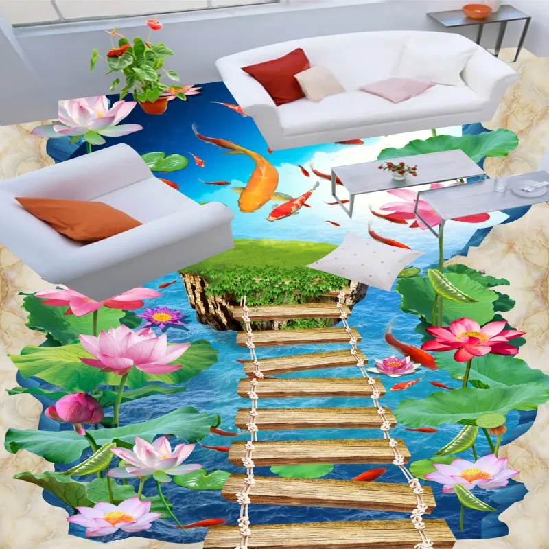 

Free Shipping Hawthorn Carp 3D lotus flooring wallpaper living room bedroom office study waterproof floor mural