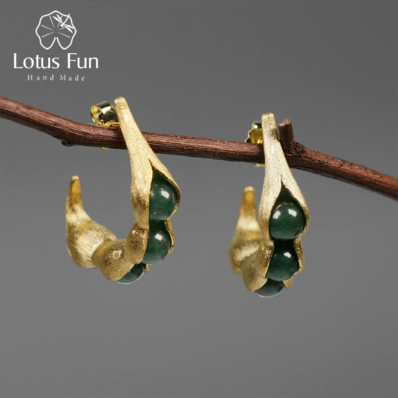 Lotus Fun Real 925 Sterling Silver Handmade Fine Jewelry Natural Green Stones Creative Pea Pods Design Dangle Earrings for Women | Украшения