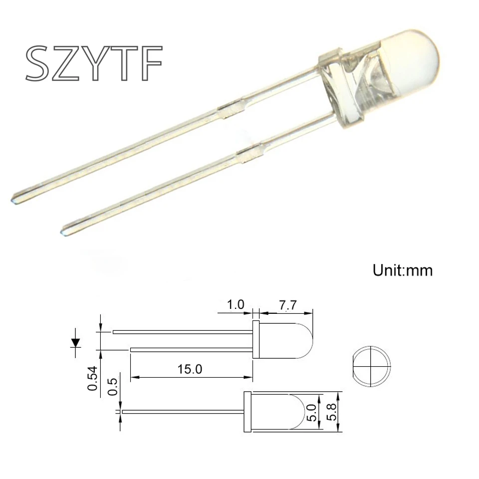 100 шт. прозрачных светодиодов розового цвета с диаметром 5 мм и круглой формой. С отверстием для монтажа.