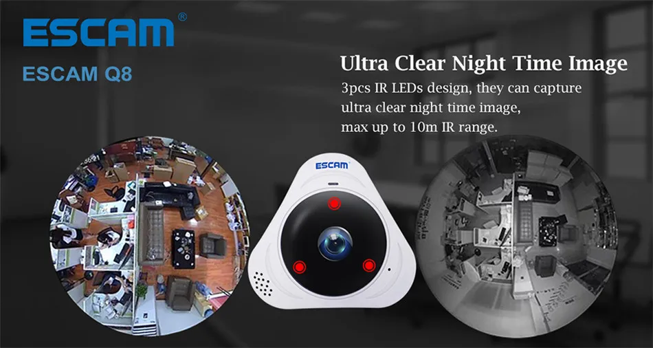 ESCAM Q8 360 градусов панорамная WiFi ip-камера 960 P Рыбий глаз объектив инфракрасная камера VR камера с двухсторонним аудио/детектор движения