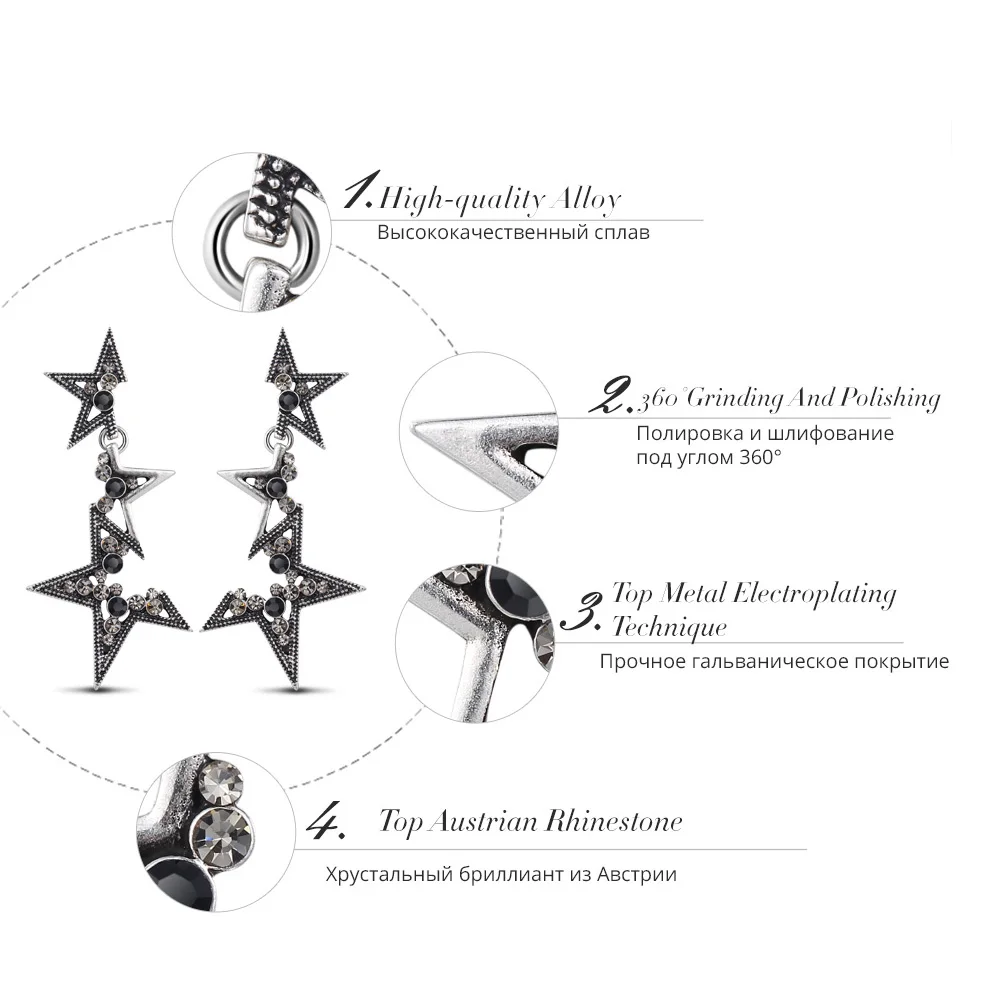 Viennois Vintage Abstract Star Drop Earrings For Women Rhinestone Geometric Dangle Korean Fashion Jewelry | Украшения и
