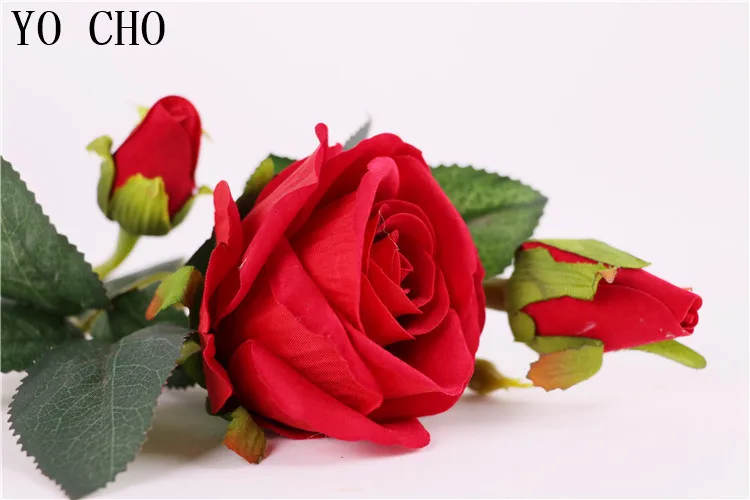 Red YO CHO свадебное украшение Настоящее прикосновение 1 цветок 2 искусственные бутоны шелковые цветы для дома аксессуары Поддельные 3 цветы голова Роза веточка - Цвет: Red