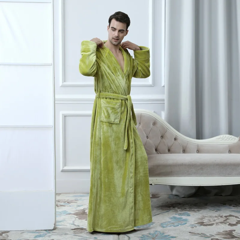 Olive green Men Теплый фланелевый Халат с капюшоном для женщин и мужчин, очень длинный теплый зимний банный халат, халат для подружки невесты - Цвет: Olive green Men