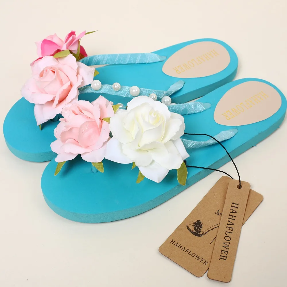 Летние синие сандалии на плоской подошве HAHAFLOWER 2017 пляжные ручной работы с