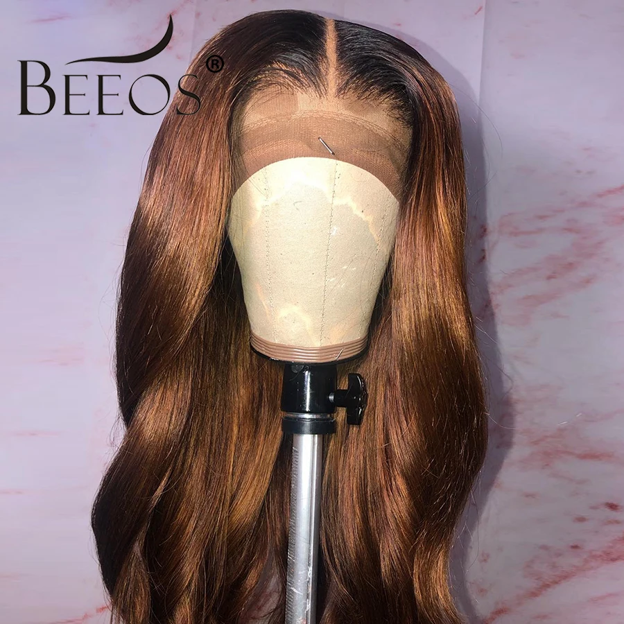 Beeos Ombre Цветные 13*6 кружевные передние парики Детские Волосы бразильские волосы Remy объемные волнистые парики 150% женские 1b30 человеческие волосы парик отбеленные узлы
