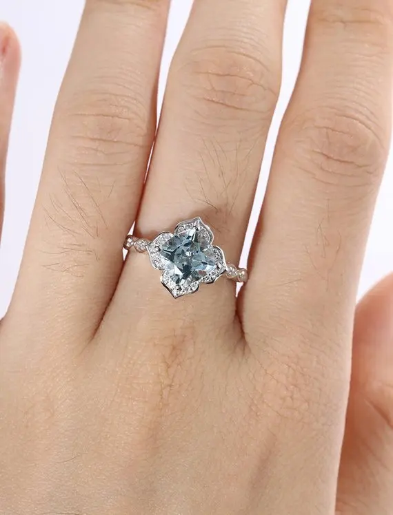 MYRAY Natural Genuine Aquamarine Gemstone Engagement Ring Diamond Wedding 14k White Gold Antique Flower Bridal Anniversary Women | Украшения