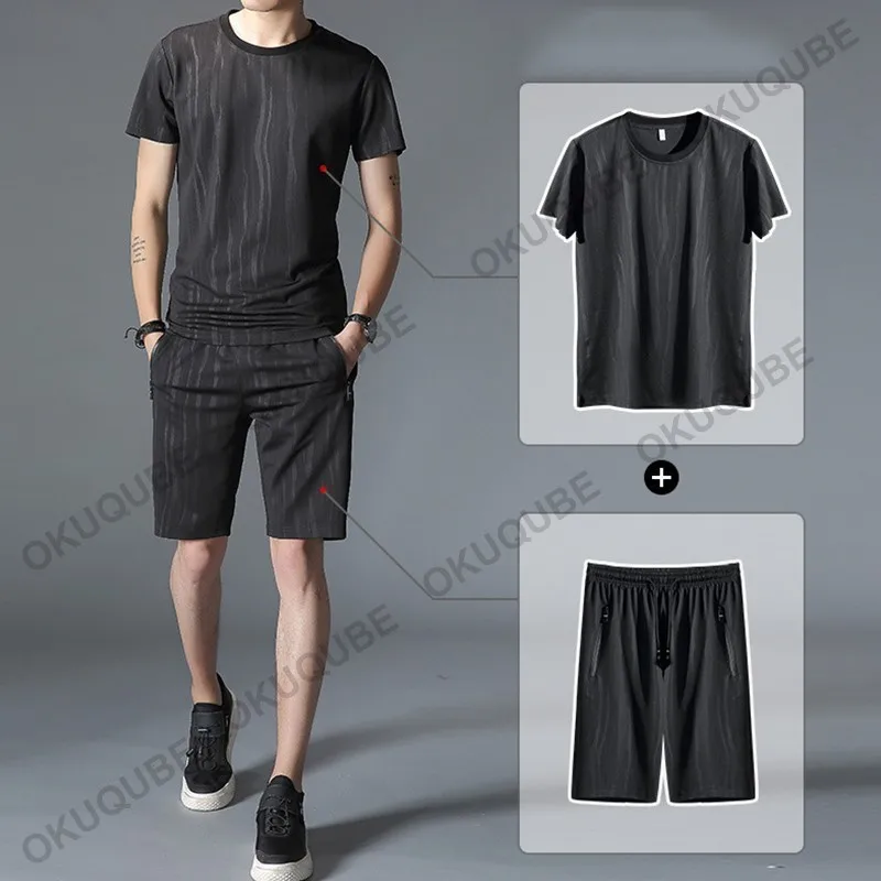 Men Running Set Two Pieces Tracksuit Man Printed Elastic Waistband Pockets Work Out Clothes Jogging Gym Training Sportswear Male | Спорт и