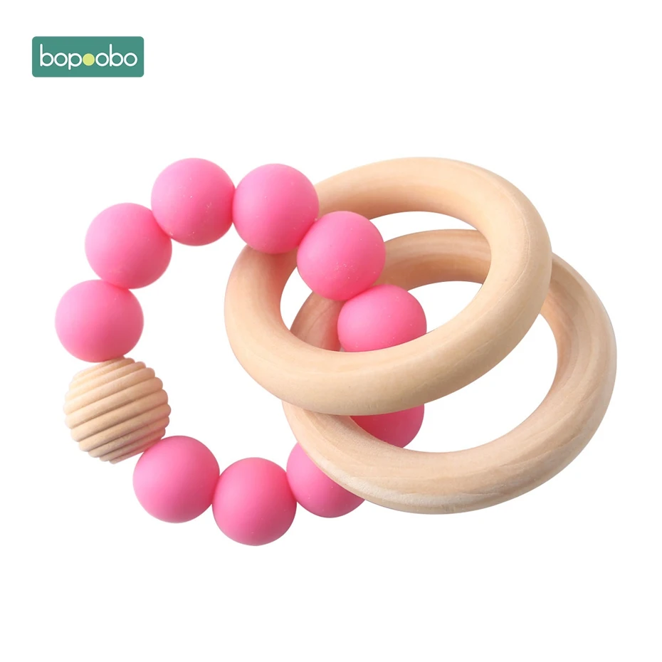 Hot pink Rattle Bopobo 1 шт. для браслетов младенцев, силиконовые бусины-погремушки, браслеты, украшения для прорезывания зубов, деревянные бусины, BPA бесплатно, Детские Прорезыватели - Цвет: Hot pink Rattle