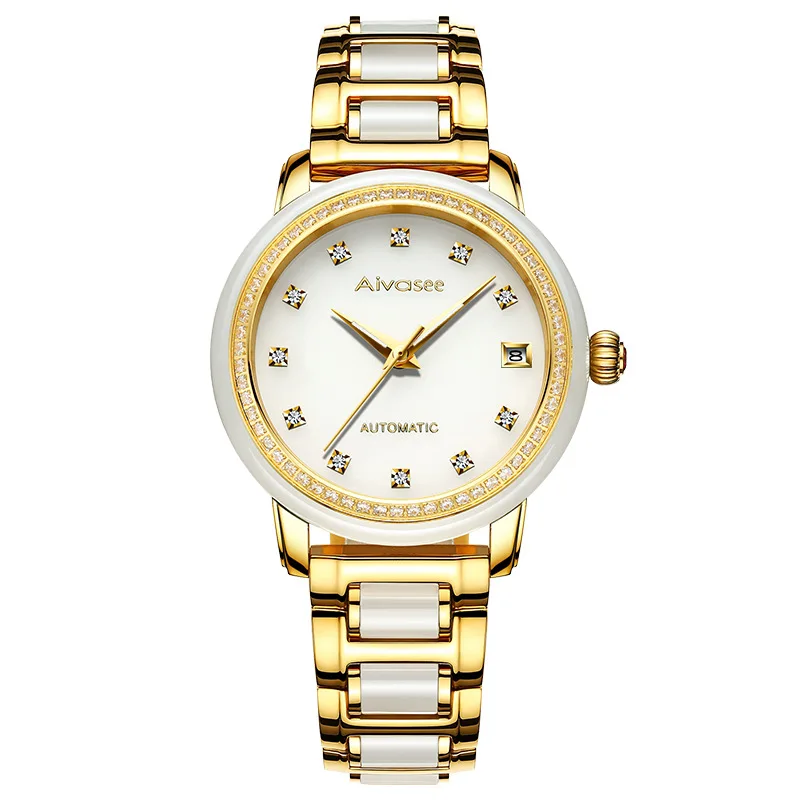Women Steel Watch Aivasee натуральные белые нефритовые Мужские автоматические механические часы женские часы с календарем светящиеся стрелки пара механические наручные часы - Цвет: Women Steel Watch
