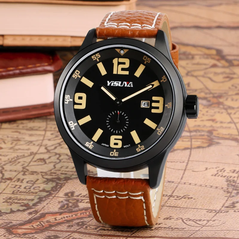 Часы YISUYA мужские спортивные Роскошные Кварцевые в стиле милитари с коричневым