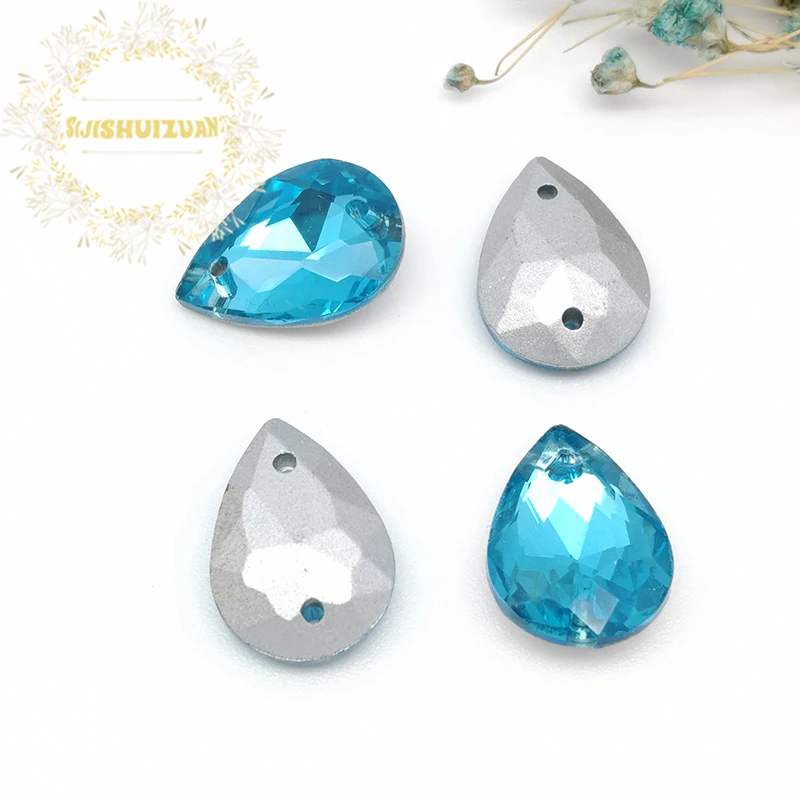 Turquoise blue water-drop shape Glass Crystal sew on rhinestones with two holes Diy wedding dress accessories Free shipping | Дом и сад