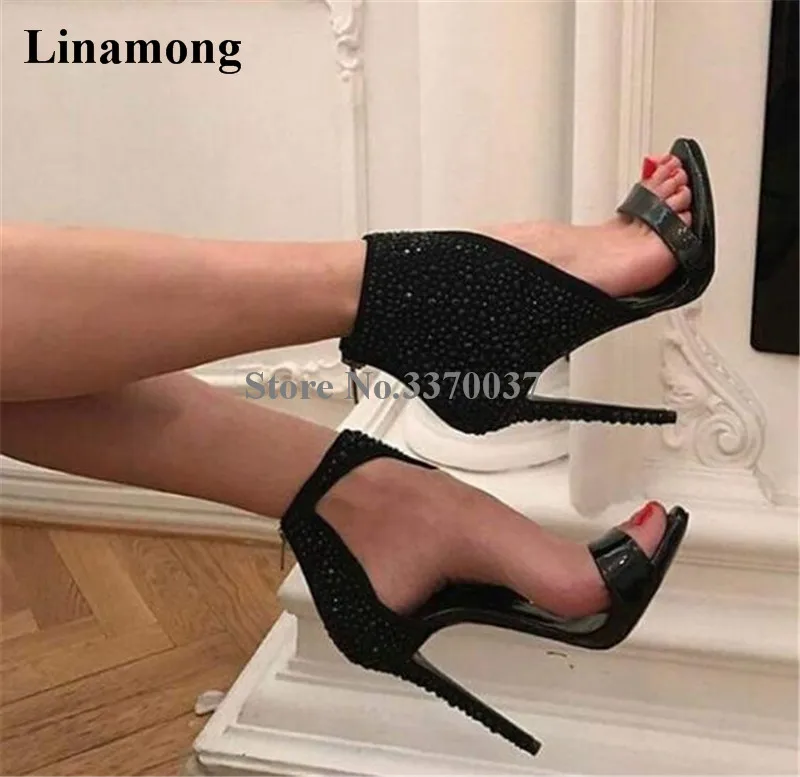 Женские модные роскошные блестящие черные гладиаторские ботинки стразы с