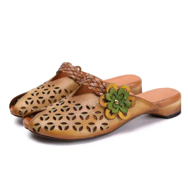 Johnature/летние шлепанцы без задника из натуральной кожи с цветочным рисунком; сандалии на плоской подошве в национальном стиле; женская обувь ручной работы - Цвет: camel