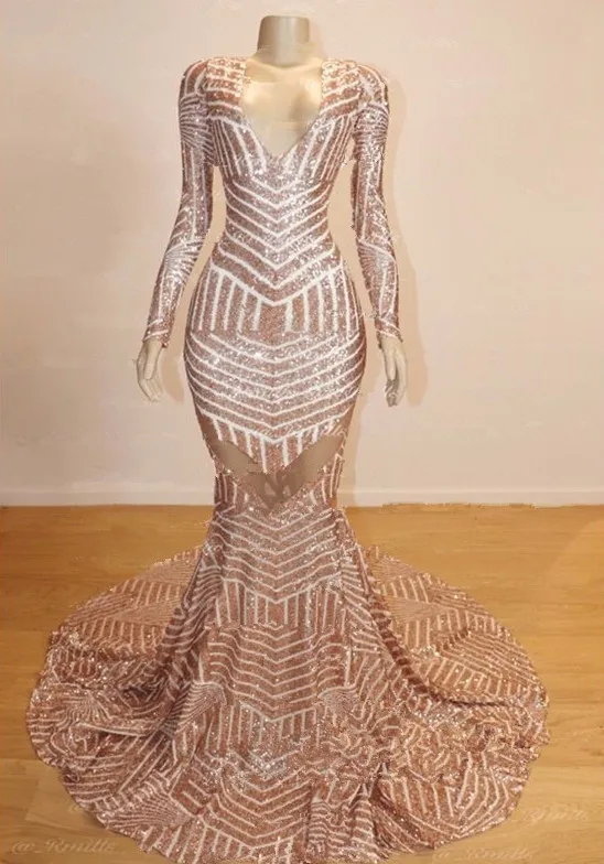 Блестящее розовое золото Русалка с длинным рукавом выпускной вечер 2019 скромное v