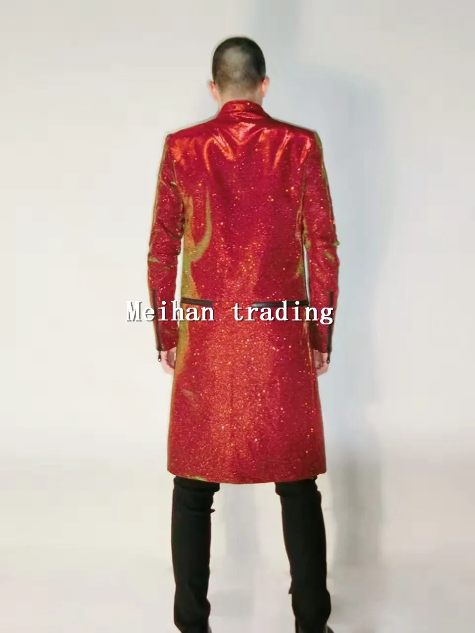 

Men's Fashion Shining Jacket S-4XL Long Style Sequins Costume Jacket Long Design Coat Singer Dance Stage Wear Outerwear