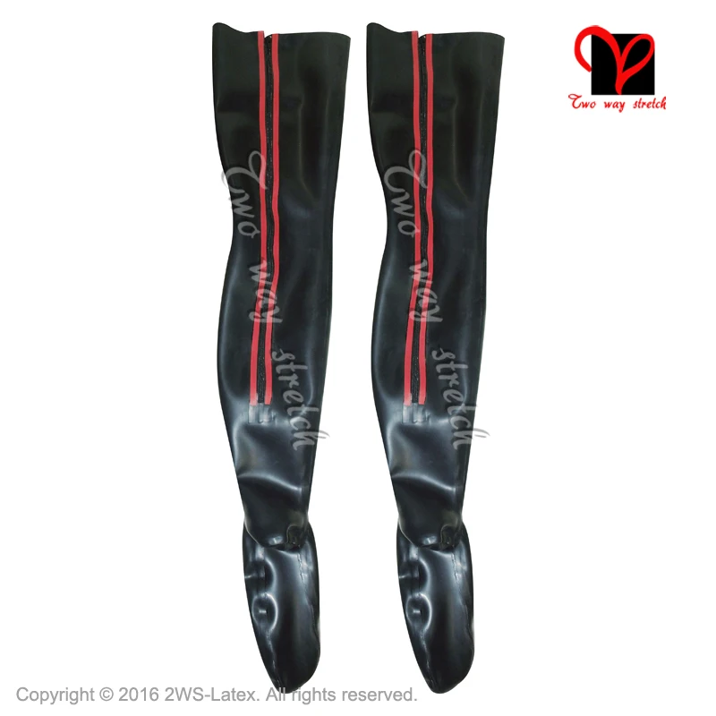 Sexy Black Latex Thigh High stockings With Back Zipper and Red Trims Rubber stockings feet wear Over knee WZ-013