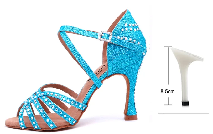 blue heel 8.5cm WUXIJIAO/Новинка; обувь для латинских танцев; женская Обувь для бальных танцев; Женская Блестящая Тканевая обувь; блестящие стразы; 5-10 см - Цвет: blue heel 8.5cm