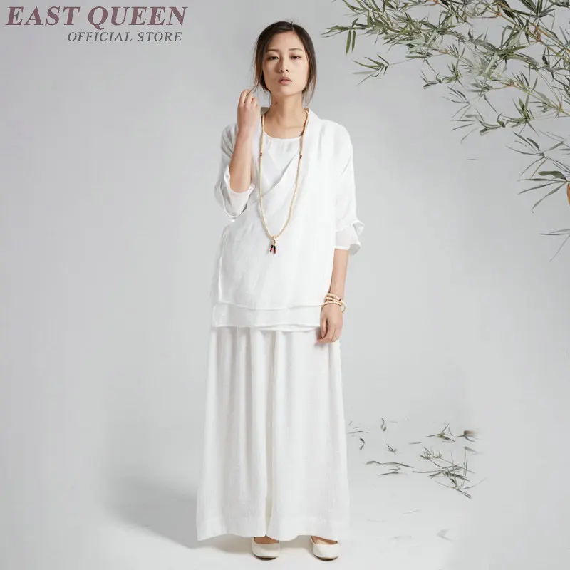 

Spring and summer women pant suits three-quarter sleeve o-neck top and baggy leg pant bottoms elastic waist solid sets AA3246 F