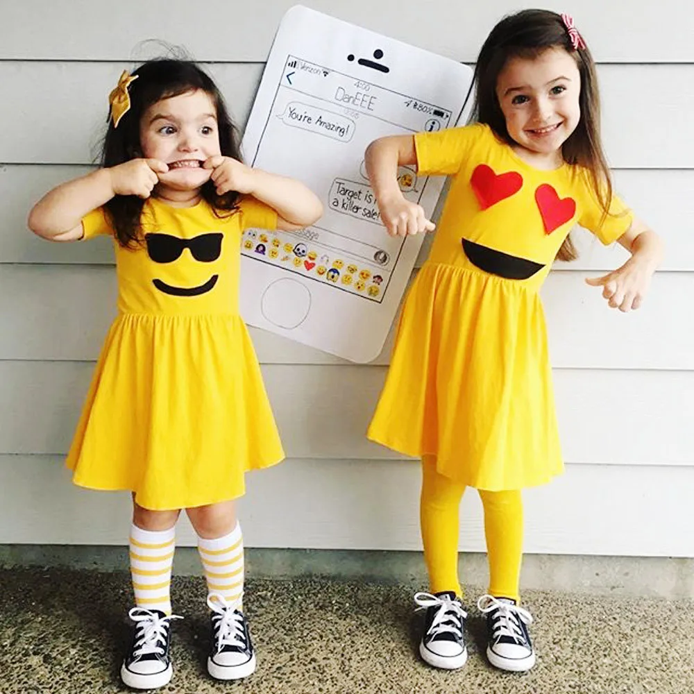 New Arrival Cute Toddler Infant Kids Baby Girls Dress Emoji Emoticon Smiley Short Sleeve Sun Dresses Outfits vestidos Yellow | Детская
