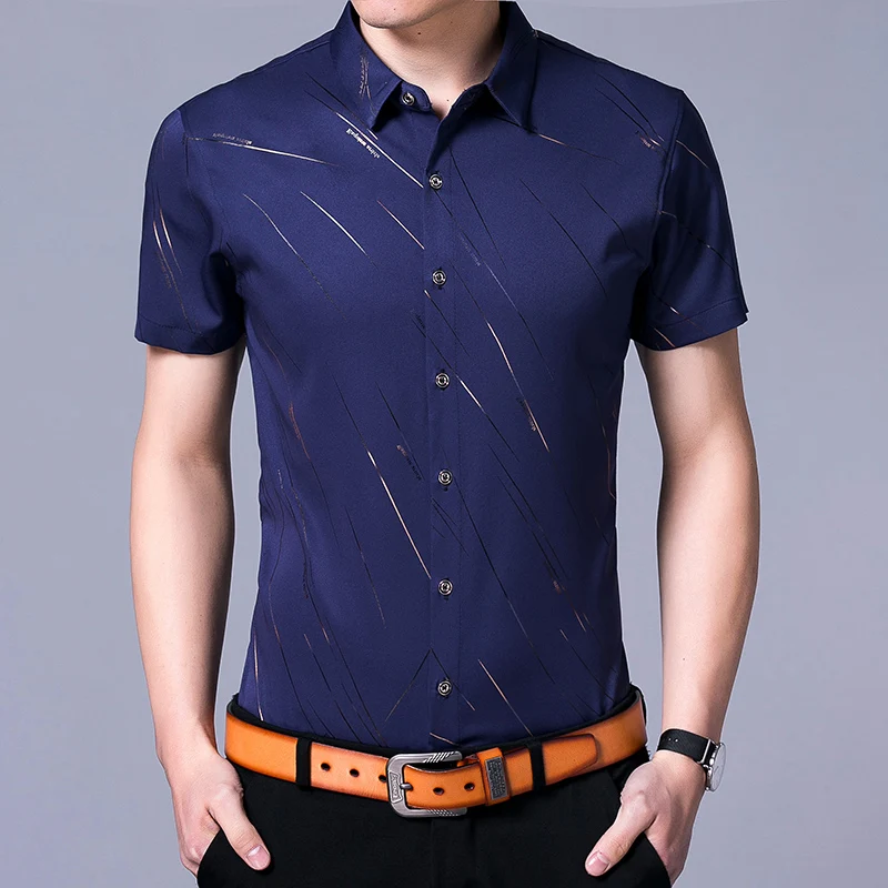 Мужская приталенная рубашка с коротким рукавом MIACAWOR Повседневная принтом и