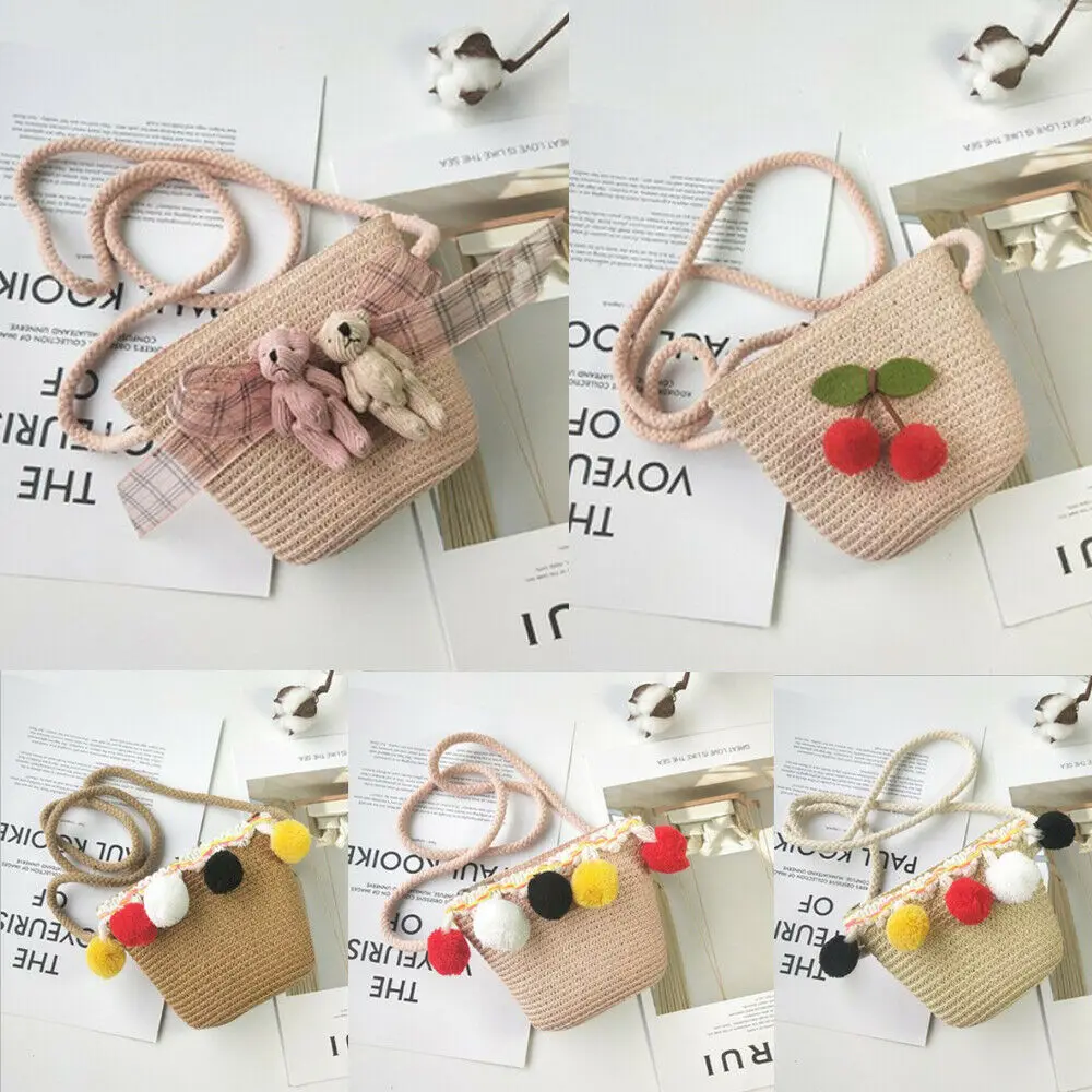 Милая соломенная сумка для девочек через плечо из ротанга Детская Kawaii летняя