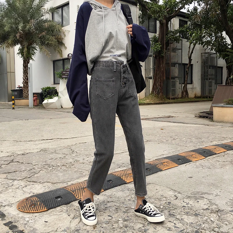 Good quality high waist girls jeans cropped denim pants with pockets | Женская одежда