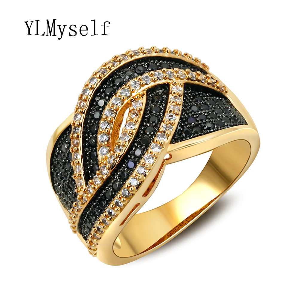 Купи Gold color rings for women with Black crystal stones Lines design bijuteria feminina anelli donna Trendy jewelry ring за 655 рублей в магазине AliExpress