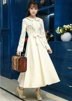 free shipping vintage style high quality new arrival peter pan collar button decorated embroidery long sleeve woman long dress