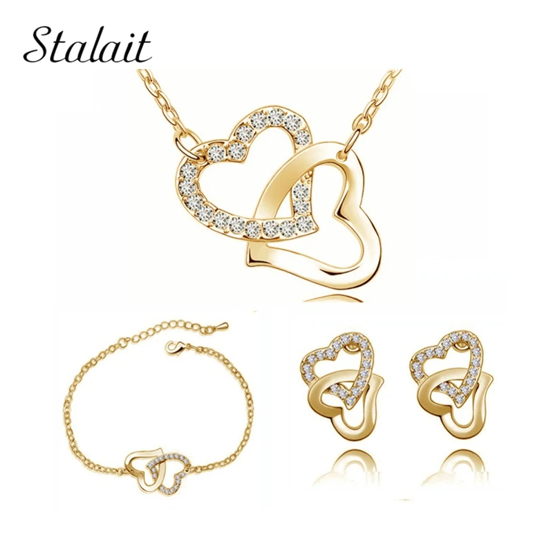 

Yellow Gold Color Heart Locket Charm Jewelry Sets Birthday Gifts Czech Crystal Double Heart Wholesale Necklace Earrings Set