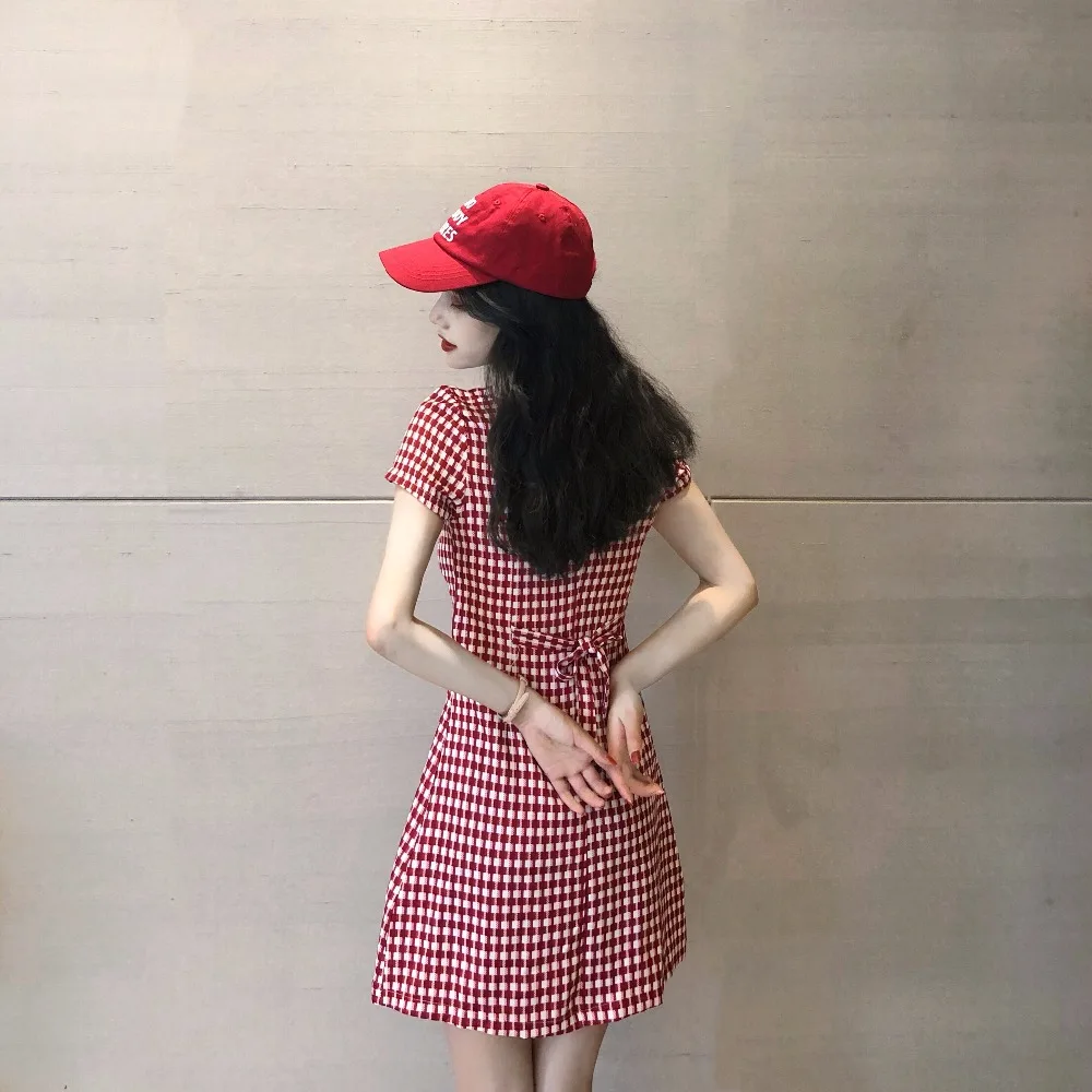 New Women Harajuku Vintage Turn-Down Collar Short Sleeve Single-Breasted Red/Black Plaided Dress Sexy Party Slim Dresses Vestido | Женская
