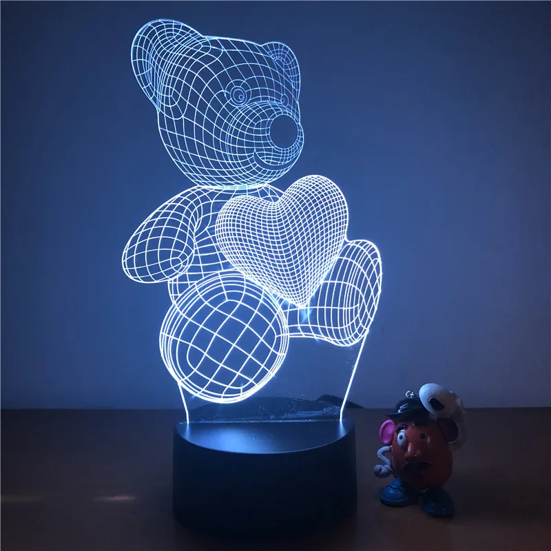3D LED Night Light Cute Teddy Bear Love Heart Action Figure 7 Colors Touch Optical Illusion Table Lamp Home Decoration Model | Лампы и