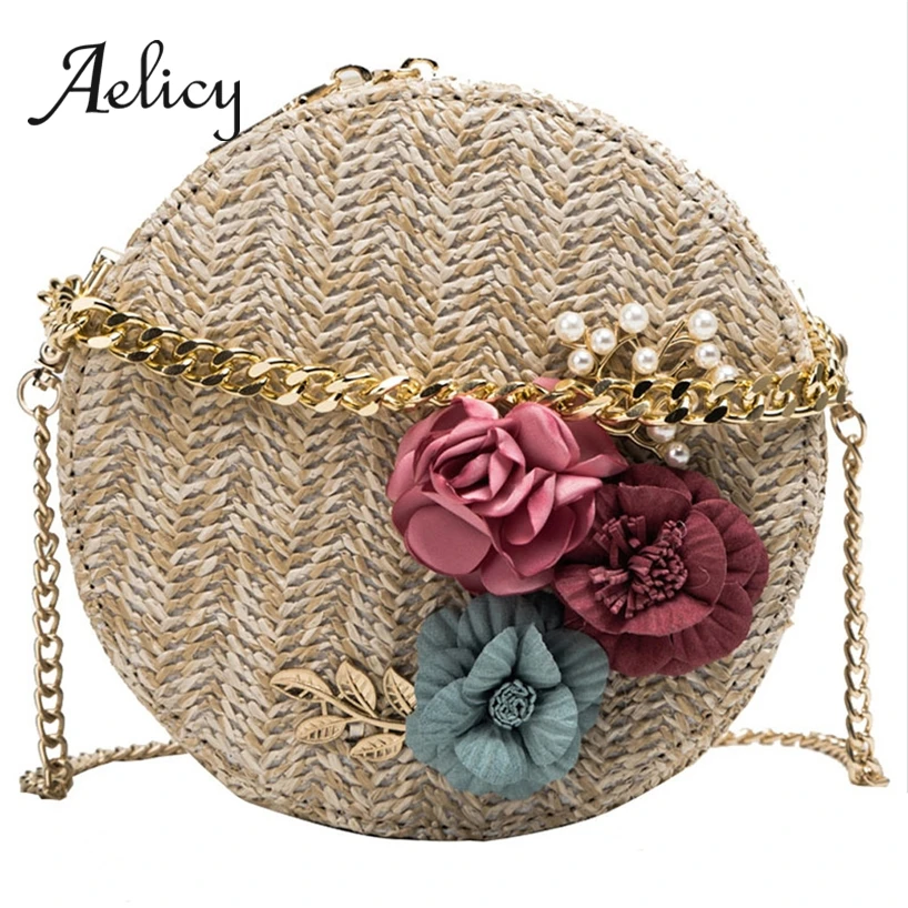 Aelicy плетеная Сумка из ротанга, круглая соломенная сумка на плечо, маленькая пляжная сумка с цветком, женская летняя сумка ручной работы на цепочке, сумки через плечо