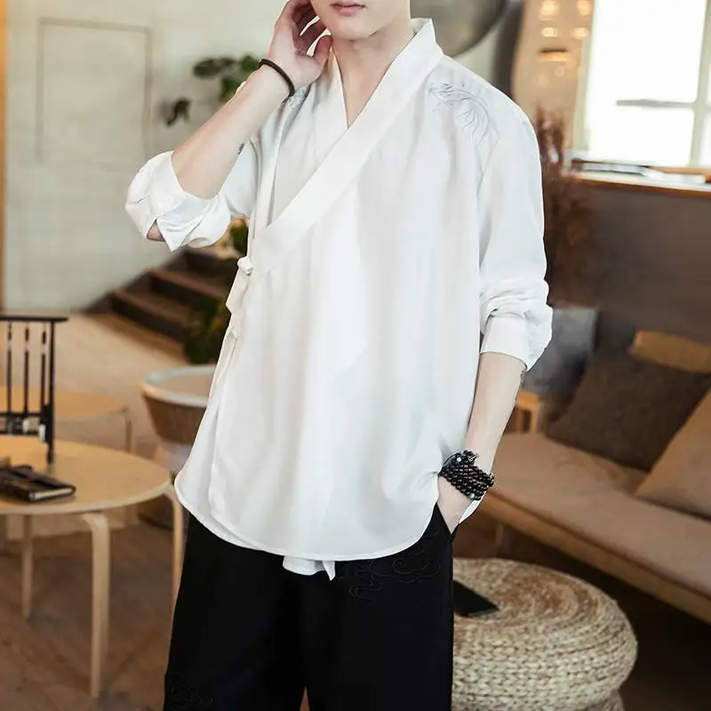 Plus Size 5XL 4XL Traditional Chinese Style Kimono Shirts Men Autumn Long Sleeve Blouse Fashion Japanese Streetwear Shirt Casual