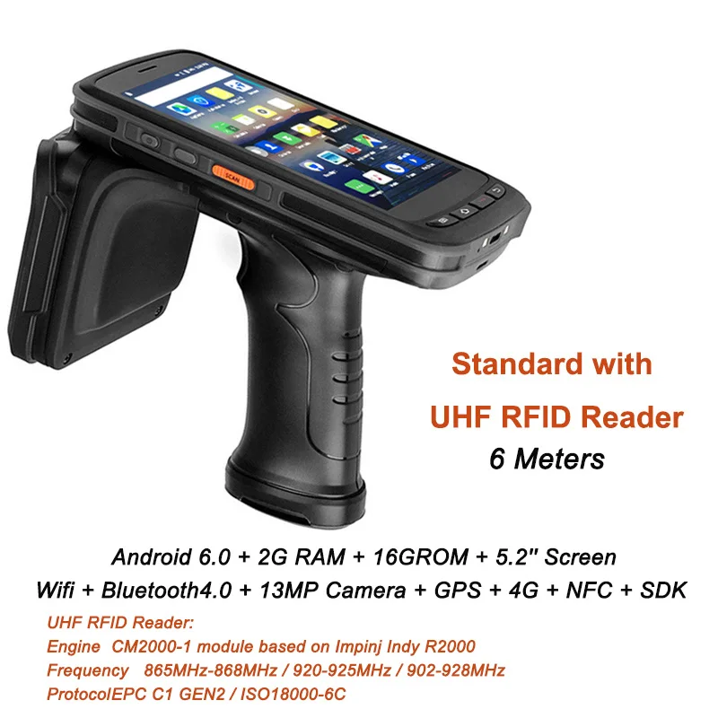 UHF 6M Высокое качество сборщик мобильных данных КПК терминала 4G Android 6,0 1D/2D сканер штрих-кода с UHF RFID считыватель пистолетной рукояткой - Цвет: UHF 6M