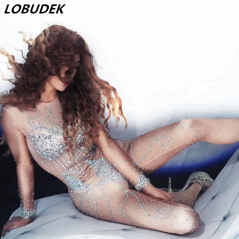 

Female Rhinestones Elastic Skinny Jumpsuit Sexy Skin Color Crystals Bodysuit Bar DJ Singer Stage Wear Nightclub Party Costume